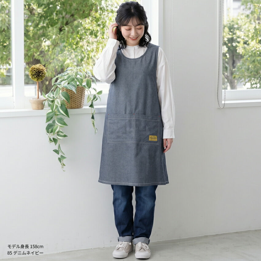 脇ボタン,ワンピース,エプロン,デニム,ヒッコリー,ストライプ,ロング丈,ミドル丈,無地,かわいい,前掛け,可愛い,料理,ギフト,プレゼント,保育士,エプロン,ゆったり,大きいサイズ,大きい