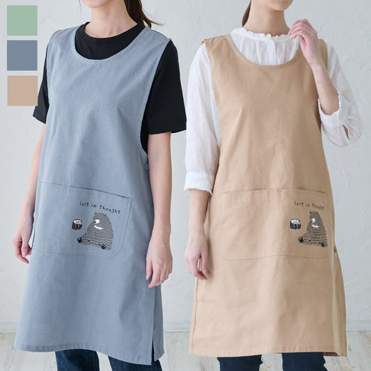 お尻が隠れる可愛いクマ柄脇ボタンエプロン