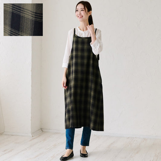 チェック後ろ開きエプロン ワンピース エプロン チェック ロング丈 ロング かわいい 保育士 ゆったり 大きいサイズ 大きい ギフト 可愛い かぶるだけ おしゃれ