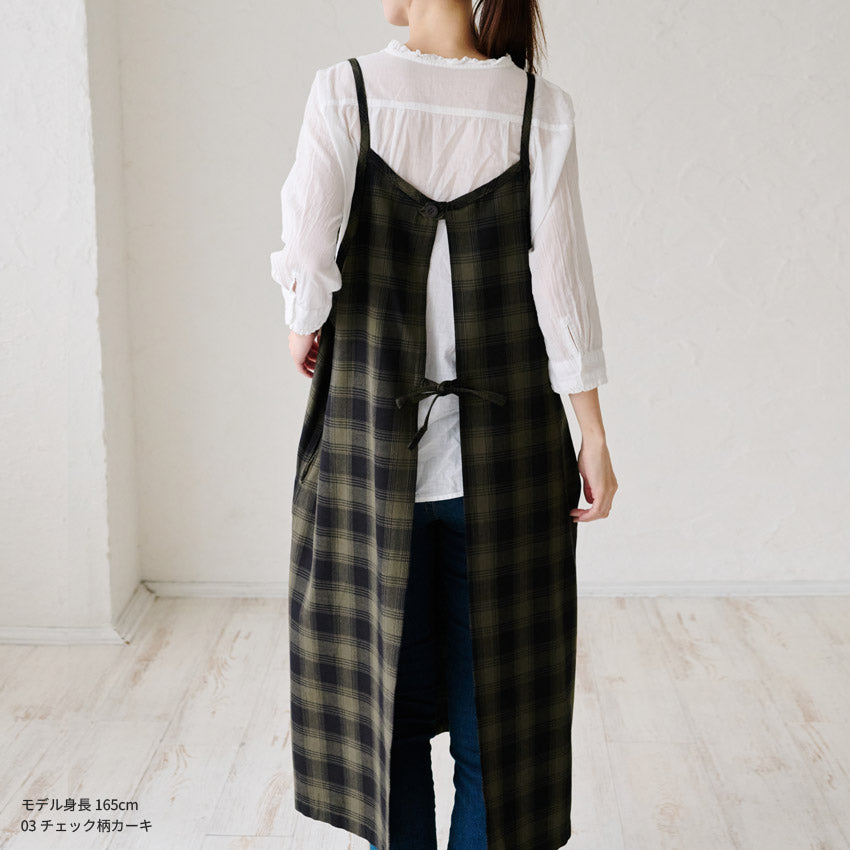 チェック後ろ開きエプロン ワンピース エプロン チェック ロング丈 ロング かわいい 保育士 ゆったり 大きいサイズ 大きい ギフト 可愛い かぶるだけ おしゃれ