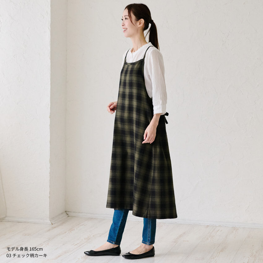 チェック後ろ開きエプロン ワンピース エプロン チェック ロング丈 ロング かわいい 保育士 ゆったり 大きいサイズ 大きい ギフト 可愛い かぶるだけ おしゃれ