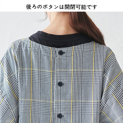 お尻が隠れる綿麻チェック柄ワンピースエプロン