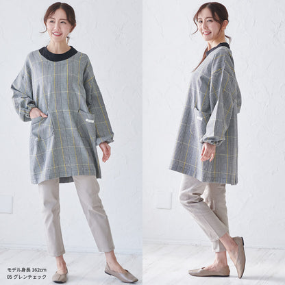 お尻が隠れる綿麻チェック柄ワンピースエプロン