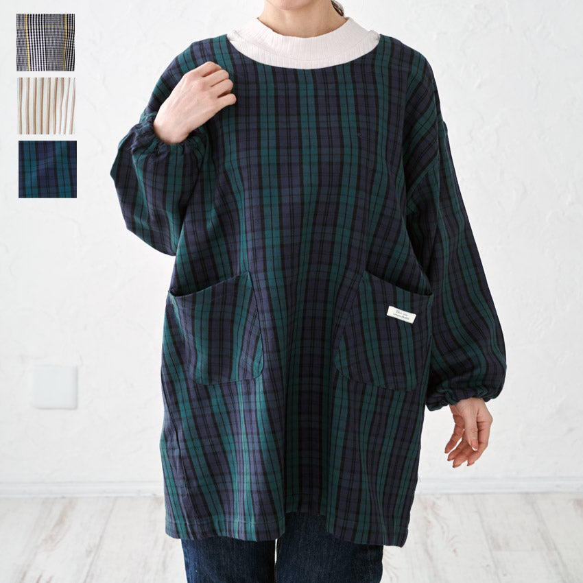 お尻が隠れる綿麻チェック柄ワンピースエプロン