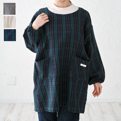 お尻が隠れる綿麻チェック柄ワンピースエプロン