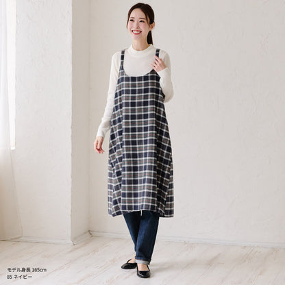 先染チェックロングワンピースエプロン ワンピース エプロン チェック ロング丈 ロング かわいい 保育士 ゆったり 大きいサイズ 大きい ギフト 可愛い かぶるだけ おしゃれ