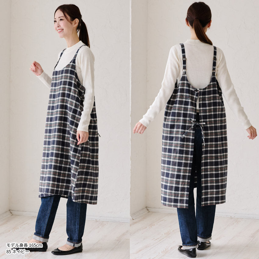 先染チェックロングワンピースエプロン ワンピース エプロン チェック ロング丈 ロング かわいい 保育士 ゆったり 大きいサイズ 大きい ギフト 可愛い かぶるだけ おしゃれ