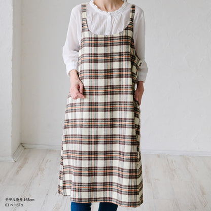 先染チェックロングワンピースエプロン ワンピース エプロン チェック ロング丈 ロング かわいい 保育士 ゆったり 大きいサイズ 大きい ギフト 可愛い かぶるだけ おしゃれ