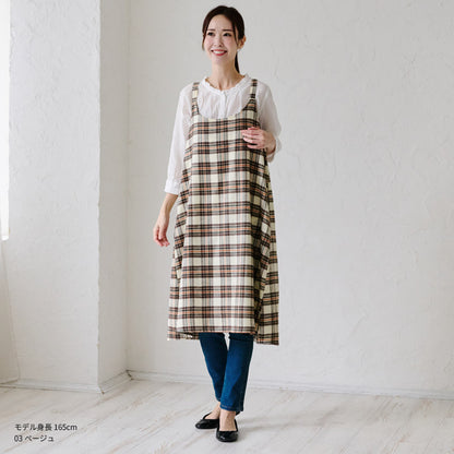 先染チェックロングワンピースエプロン ワンピース エプロン チェック ロング丈 ロング かわいい 保育士 ゆったり 大きいサイズ 大きい ギフト 可愛い かぶるだけ おしゃれ