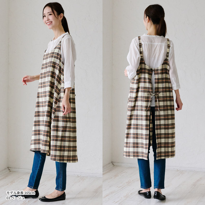先染チェックロングワンピースエプロン ワンピース エプロン チェック ロング丈 ロング かわいい 保育士 ゆったり 大きいサイズ 大きい ギフト 可愛い かぶるだけ おしゃれ