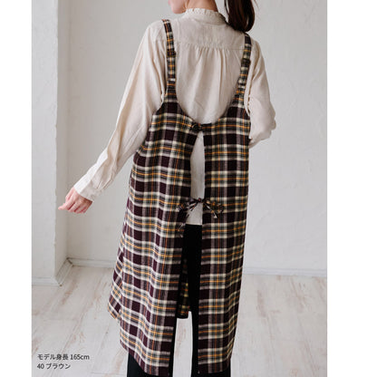 先染チェックロングワンピースエプロン ワンピース エプロン チェック ロング丈 ロング かわいい 保育士 ゆったり 大きいサイズ 大きい ギフト 可愛い かぶるだけ おしゃれ