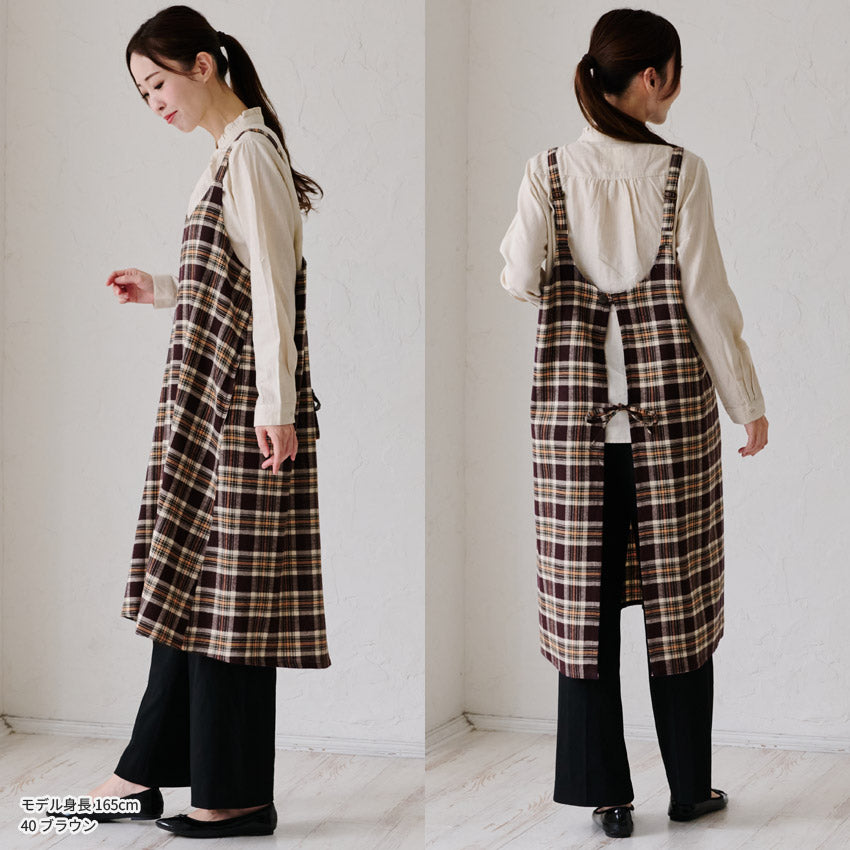 先染チェックロングワンピースエプロン ワンピース エプロン チェック ロング丈 ロング かわいい 保育士 ゆったり 大きいサイズ 大きい ギフト 可愛い かぶるだけ おしゃれ