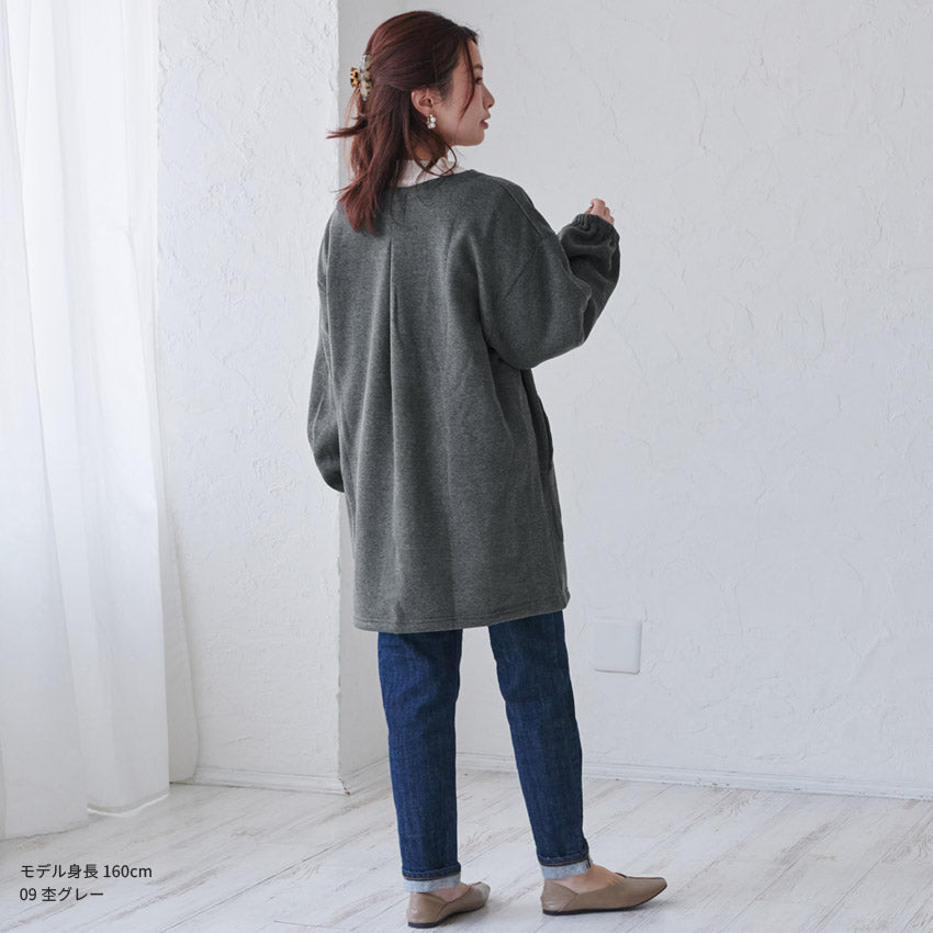 お尻がすっぽり隠れる裏起毛割烹着無地ゆったりフリースかっぽう着