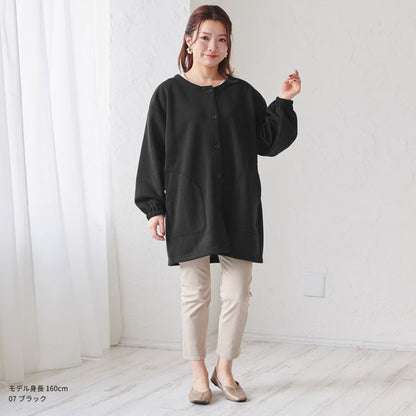 お尻がすっぽり隠れる裏起毛割烹着無地ゆったりフリースかっぽう着