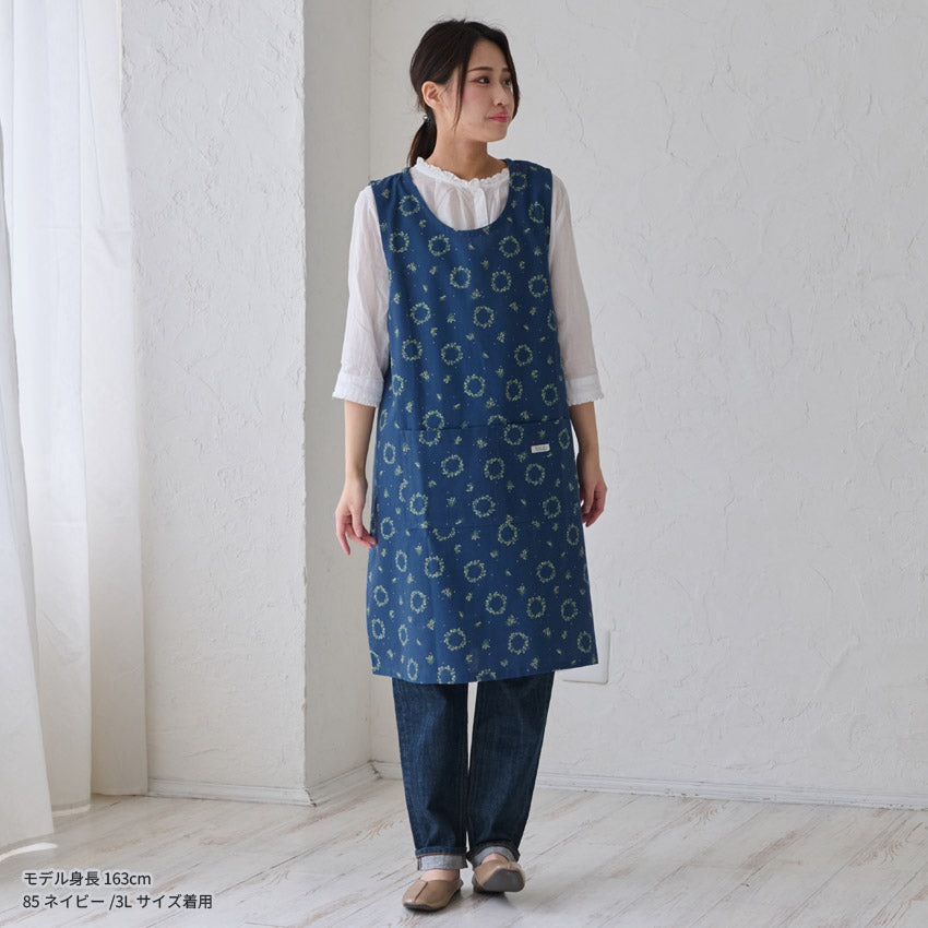 3Lサイズミモザ柄エプロンワンピースエプロン