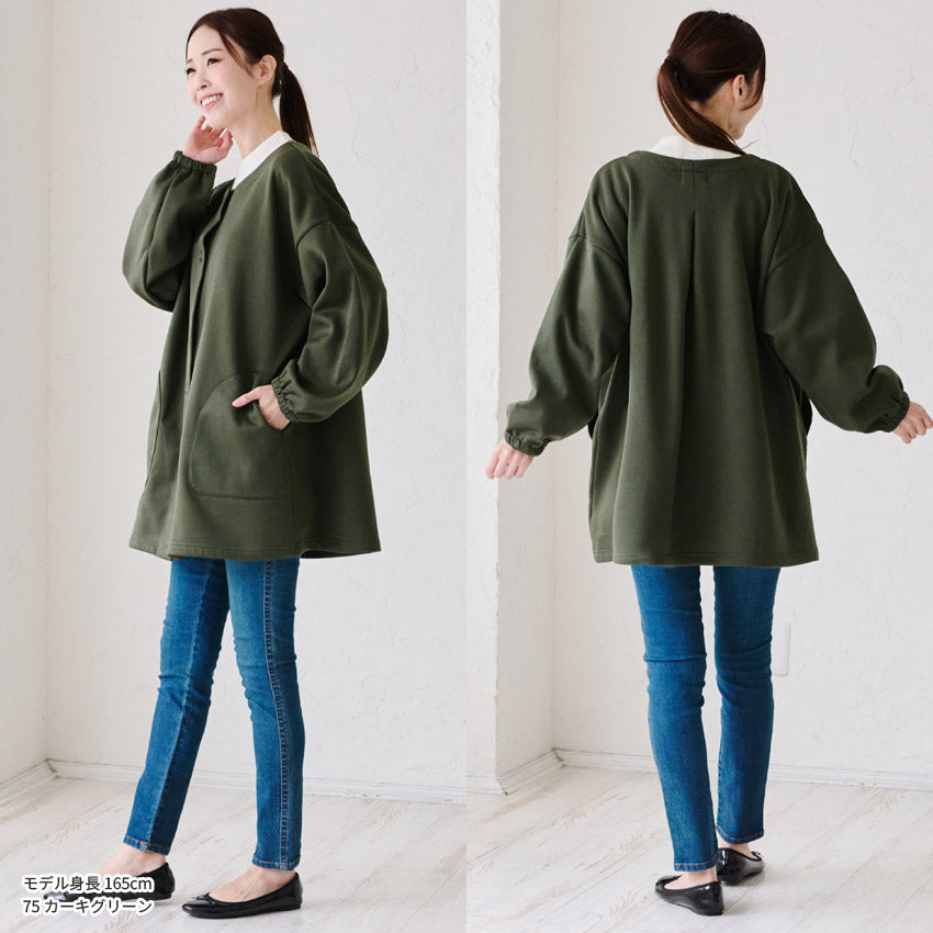 前開き裏起毛かっぽう着 割烹着 裏起毛 無地 ゆったり かっぽうぎ スモック 割ぽう着 シンプル 保育士 ロング ギフト おしゃれ かわいい 母の日 ギフト プレゼント 無地 あったか 冬 厚手 防寒 裏フリース