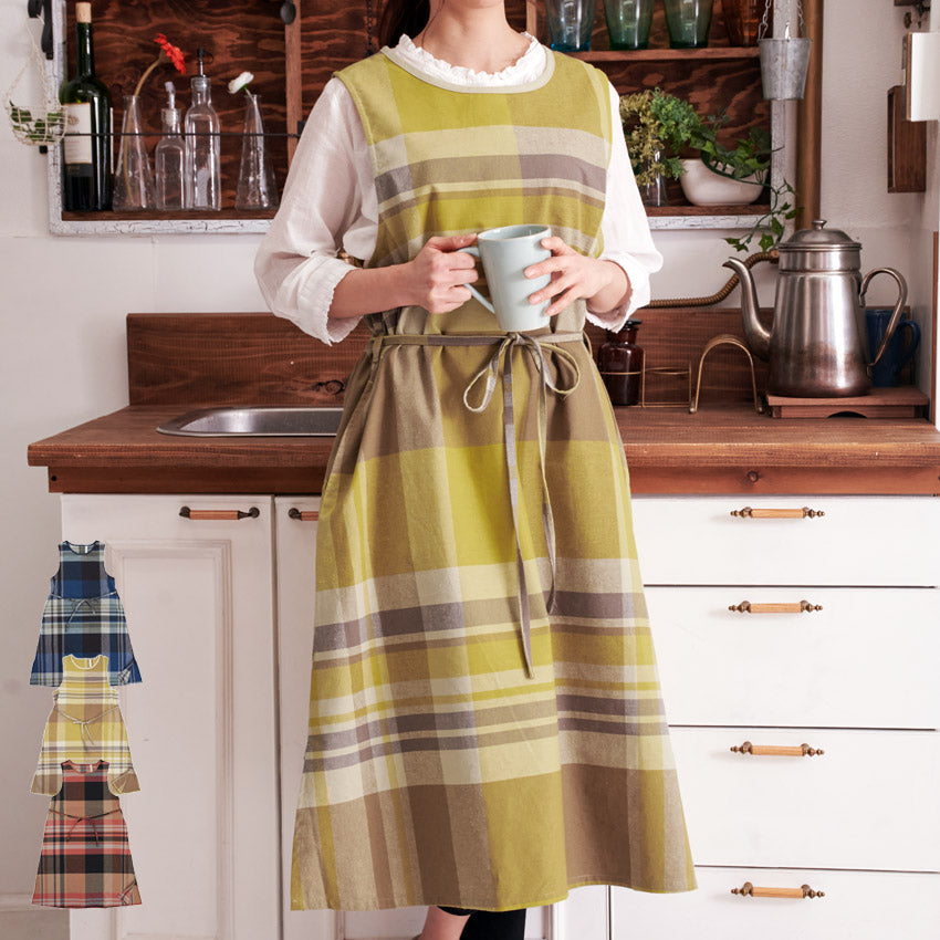 お尻が隠れる綿麻チェック柄ワンピースエプロン