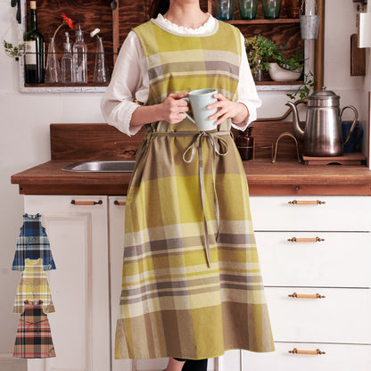 お尻が隠れる綿麻チェック柄ワンピースエプロン