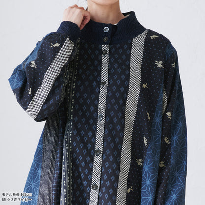 お尻がすっぽり隠れる割烹着、裏起毛、エプロン、ボタニカル柄、ゆったり、フリース、ボア