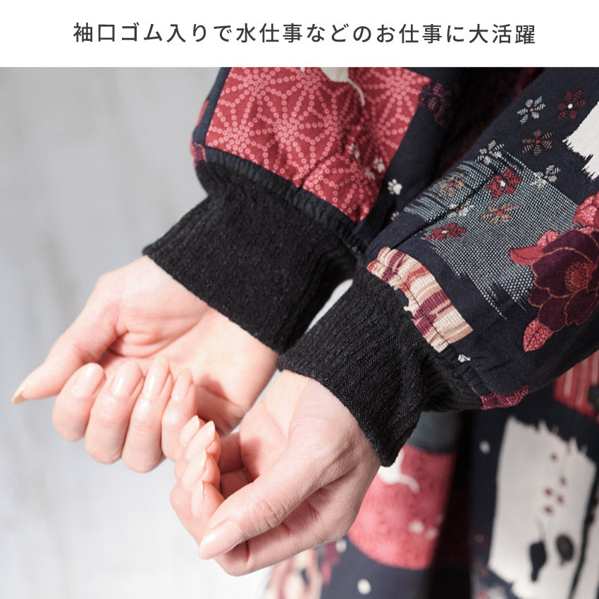 まるで毛布のようなふわふわの裏ボア生地、お尻がすっぽり隠れる割烹着、裏起毛、エプロン、割烹着、ゆったり、フリース、ボア