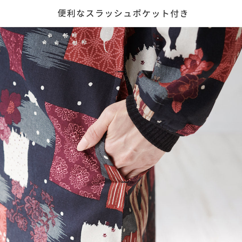 まるで毛布のようなふわふわの裏ボア生地、お尻がすっぽり隠れる割烹着、裏起毛、エプロン、割烹着、ゆったり、フリース、ボア