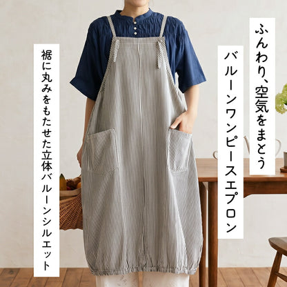裾バルーンデニムワンピースエプロンゆったりかぶりロング尻が隠れる可愛い料理ギフトプレゼント保育士ゆったり大きいサイズ大きい母の日ロング丈デニムロング丈デニム