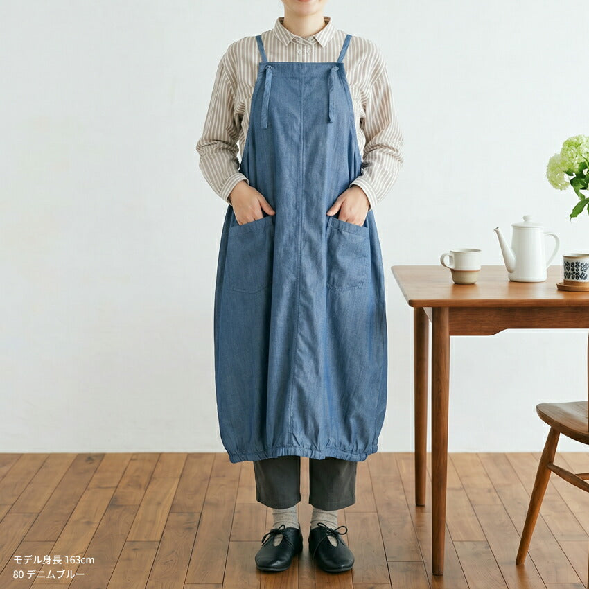 裾バルーンデニムワンピースエプロンゆったりかぶりロング尻が隠れる可愛い料理ギフトプレゼント保育士ゆったり大きいサイズ大きい母の日ロング丈デニムロング丈デニム
