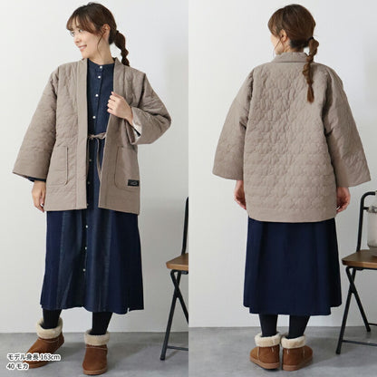 雲形キルトのあったかはんてん半纏レディースおしゃれ半纏冬裏起毛裏ボア裏シャギーちゃんちゃんこアウトドア暖かい軽いキルティング部屋着防寒ルームウェア無地シンプル薄手ハンテンML