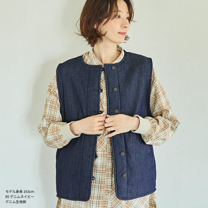 2WAYで楽しめるあったか軽やかリバーシブルベストボアベストデニム無地ノーカラーベストレディーストップスボアベスト秋冬厚手ふわふわもこもこアウター防寒フリースベストボアフリースルームウェアおうち時間上着羽織り着る毛布