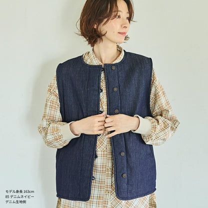 2WAYで楽しめるあったか軽やかリバーシブルベストボアベストデニム無地ノーカラーベストレディーストップスボアベスト秋冬厚手ふわふわもこもこアウター防寒フリースベストボアフリースルームウェアおうち時間上着羽織り着る毛布