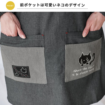 M～Lサイズデニム調ネコ割烹着割烹着保育士かわいいかっぽう着ゆったり大きいサイズＬＬ２Ｌギンガムネコ柄猫ねこ幼稚園介護士看護師家事大人用給食学校家事おしゃれかっぽうぎ