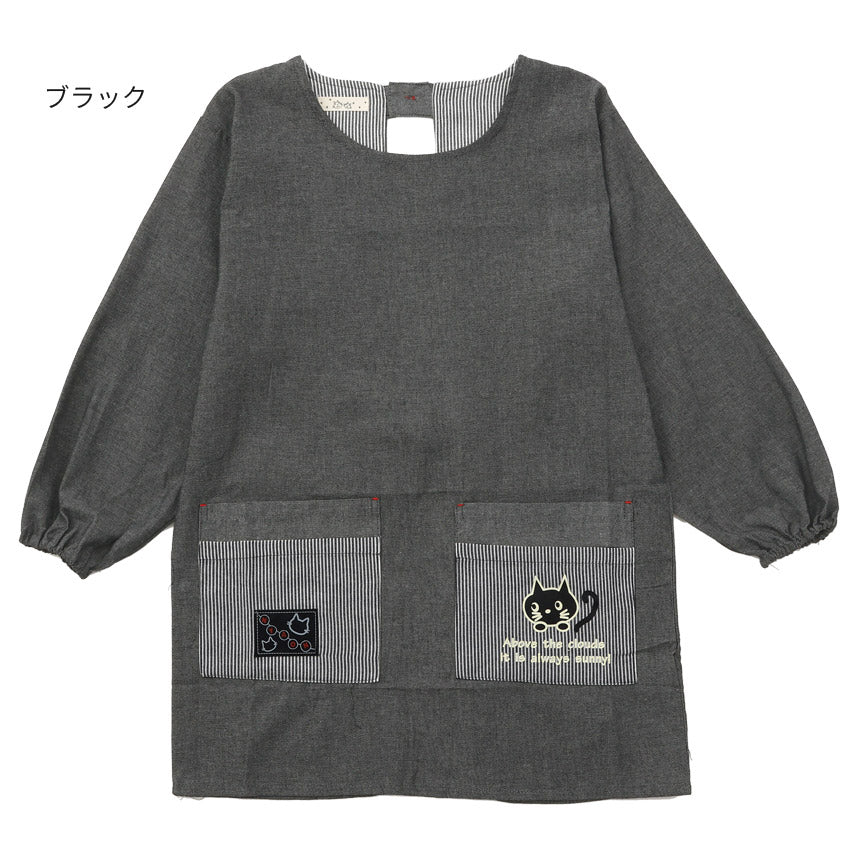 M～Lサイズデニム調ネコ割烹着割烹着保育士かわいいかっぽう着ゆったり大きいサイズＬＬ２Ｌギンガムネコ柄猫ねこ幼稚園介護士看護師家事大人用給食学校家事おしゃれかっぽうぎ