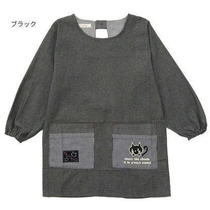 M～Lサイズデニム調ネコ割烹着割烹着保育士かわいいかっぽう着ゆったり大きいサイズＬＬ２Ｌギンガムネコ柄猫ねこ幼稚園介護士看護師家事大人用給食学校家事おしゃれかっぽうぎ