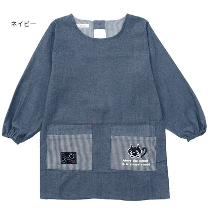 M～Lサイズデニム調ネコ割烹着割烹着保育士かわいいかっぽう着ゆったり大きいサイズＬＬ２Ｌギンガムネコ柄猫ねこ幼稚園介護士看護師家事大人用給食学校家事おしゃれかっぽうぎ
