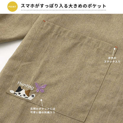 M～Lサイズデニム調ネコ割烹着割烹着保育士かわいいかっぽう着ゆったり大きいサイズＬＬ２Ｌギンガムネコ柄猫ねこ幼稚園介護士看護師家事大人用給食学校家事おしゃれかっぽうぎ