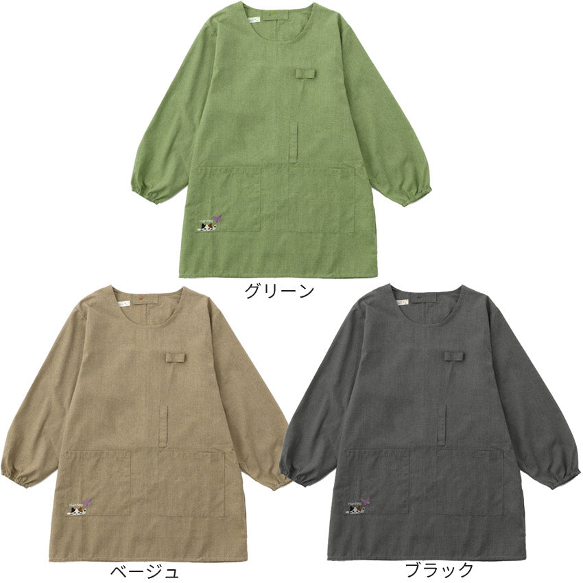 ネコ刺繍入りM～Lサイズ割烹着割烹着無地保育士ねこ猫ネコかわいいかっぽう着ゆったり大きいサイズ幼稚園介護士看護師家事大人用給食学校家事おしゃれかっぽうぎ