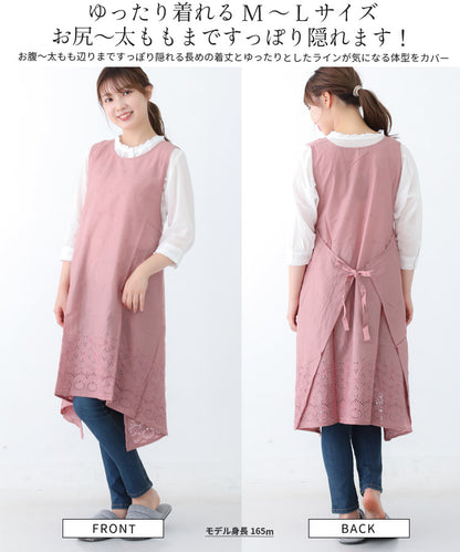 Ｍ〜Ｌサイズ、フラワー刺繍ワンピースタブリエエプロン、ワンピース、エプロン、チュニック、タブリエ、ロング丈、かわいい、可愛い、料理、ギフト、プレゼント、保育士、エプロン、ゆったり、大きいサイズ、大きい、母の日