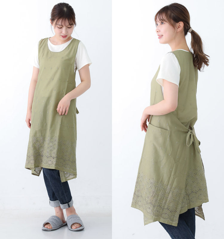 Ｍ〜Ｌサイズ、フラワー刺繍ワンピースタブリエエプロン、ワンピース、エプロン、チュニック、タブリエ、ロング丈、かわいい、可愛い、料理、ギフト、プレゼント、保育士、エプロン、ゆったり、大きいサイズ、大きい、母の日