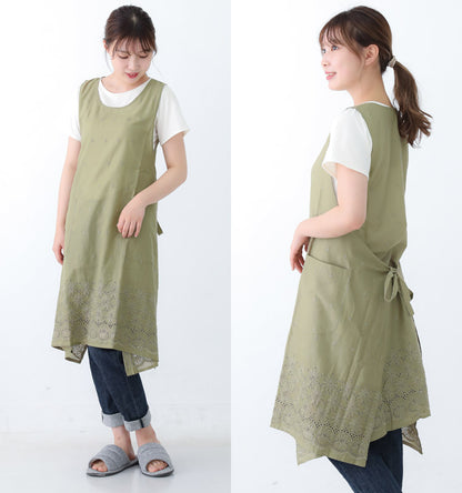 Ｍ〜Ｌサイズ、フラワー刺繍ワンピースタブリエエプロン、ワンピース、エプロン、チュニック、タブリエ、ロング丈、かわいい、可愛い、料理、ギフト、プレゼント、保育士、エプロン、ゆったり、大きいサイズ、大きい、母の日