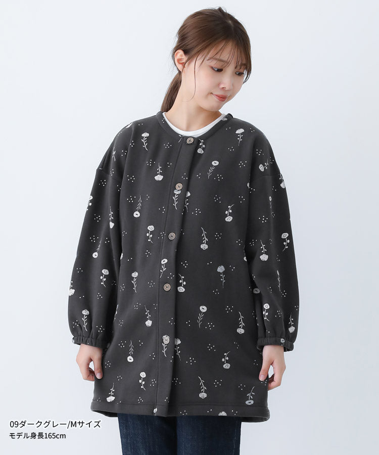 お尻がすっぽり隠れる割烹着、裏起毛、エプロン、ボタニカル柄、ゆったり、フリース、ボア