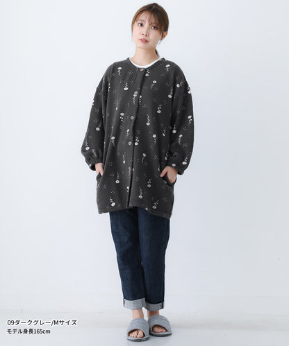 お尻がすっぽり隠れる割烹着、裏起毛、エプロン、ボタニカル柄、ゆったり、フリース、ボア