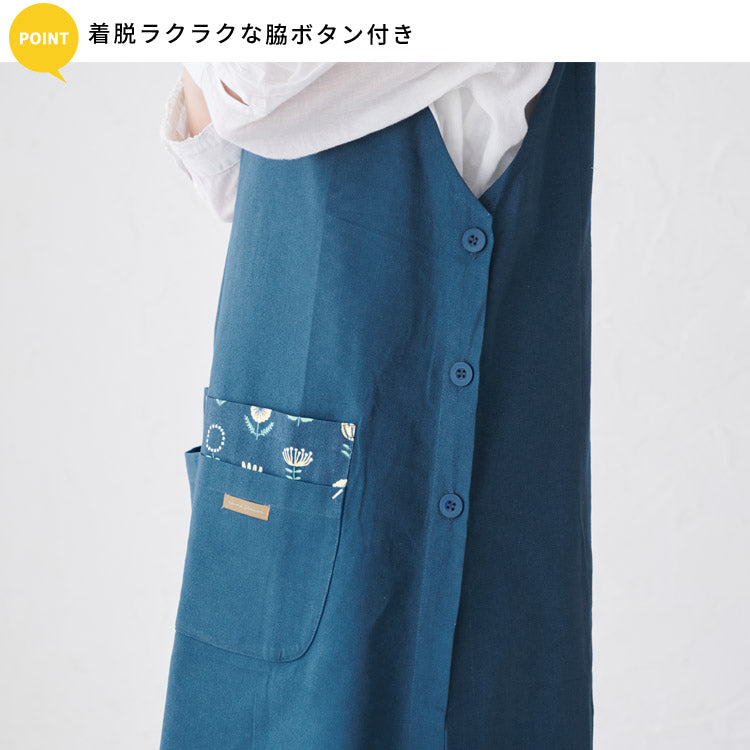 M〜3Lサイズワンポイント花柄エプロンワンピースエプロンゆったり綿コットンシンプルロングワンピースエプロン脇ボタン保育士おしゃれかわいい母の日花柄花フラワーギフトプレゼントお尻が隠れるMLLL2L3L大きいサイズ