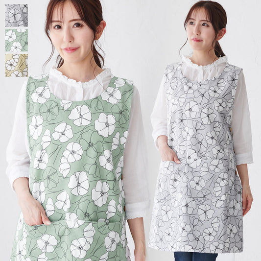 お尻が隠れる花柄エプロンワンピース