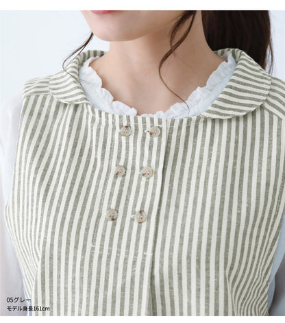 綿麻丸エリワンピースエプロンストライプエプロン大きいサイズヒッコリーロング丈ミドル丈かわいい可愛いギフトプレゼント保育士エプロンゆったりリネンコットンお尻が隠れるエプロン