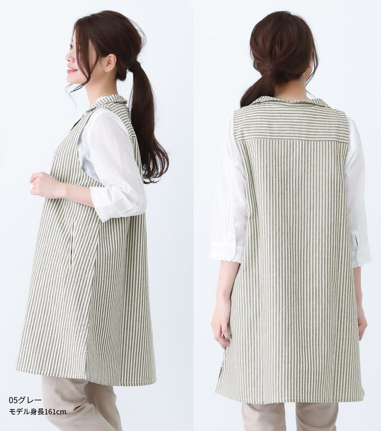 綿麻丸エリワンピースエプロンストライプエプロン大きいサイズヒッコリーロング丈ミドル丈かわいい可愛いギフトプレゼント保育士エプロンゆったりリネンコットンお尻が隠れるエプロン
