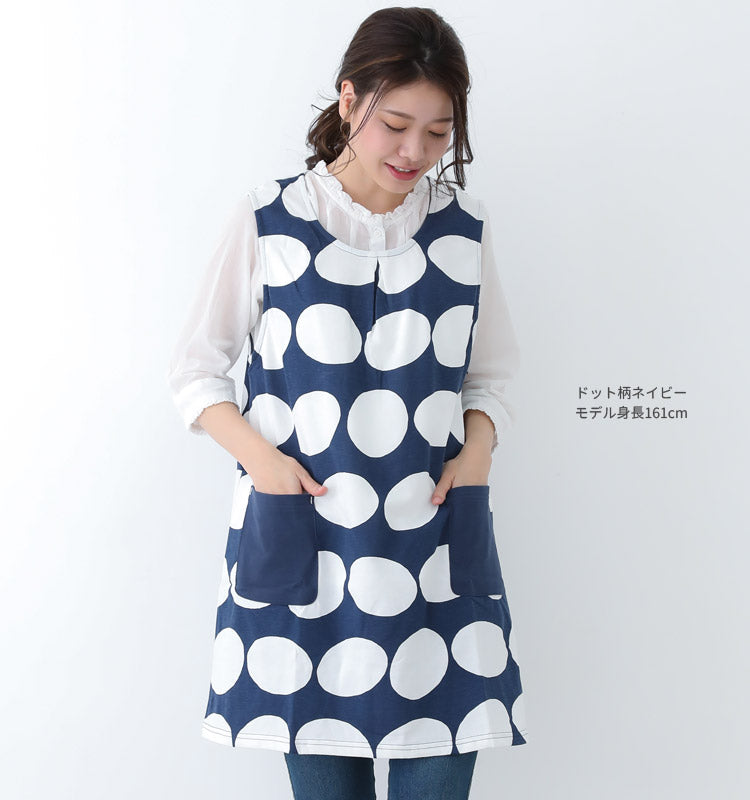 Ｍ〜Ｌサイズ、ドット柄、ワンピース、エプロン、チュニック、ドット、ミドル丈、かわいい、可愛い、料理、ギフト、プレゼント、保育士、エプロン、ゆったり、大きいサイズ、大きい、母の日