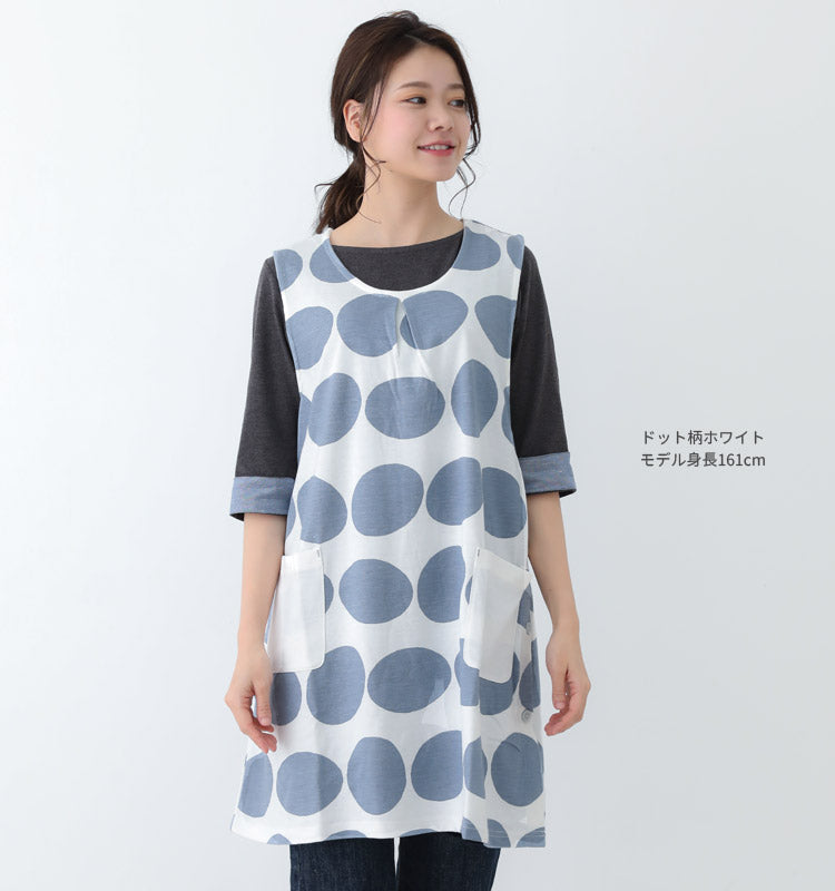 Ｍ〜Ｌサイズ、ドット柄、ワンピース、エプロン、チュニック、ドット、ミドル丈、かわいい、可愛い、料理、ギフト、プレゼント、保育士、エプロン、ゆったり、大きいサイズ、大きい、母の日