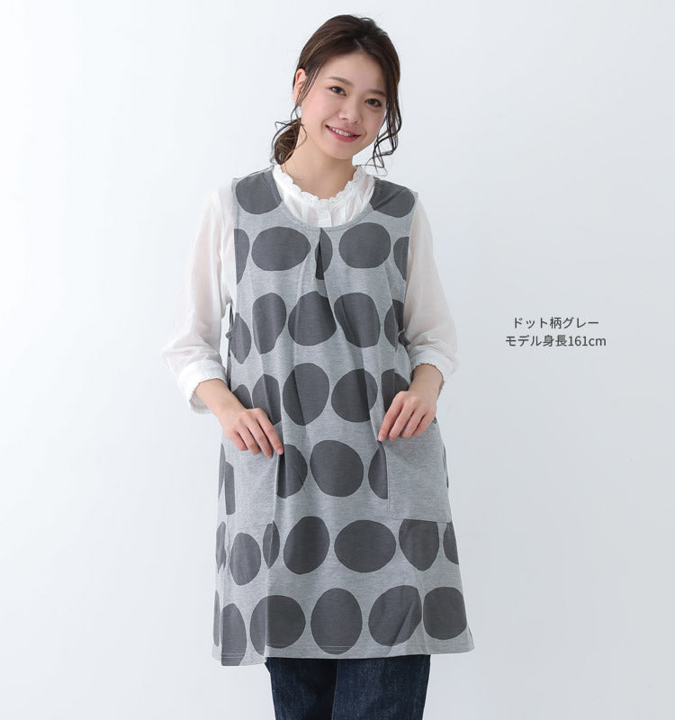 Ｍ〜Ｌサイズ、ドット柄、ワンピース、エプロン、チュニック、ドット、ミドル丈、かわいい、可愛い、料理、ギフト、プレゼント、保育士、エプロン、ゆったり、大きいサイズ、大きい、母の日