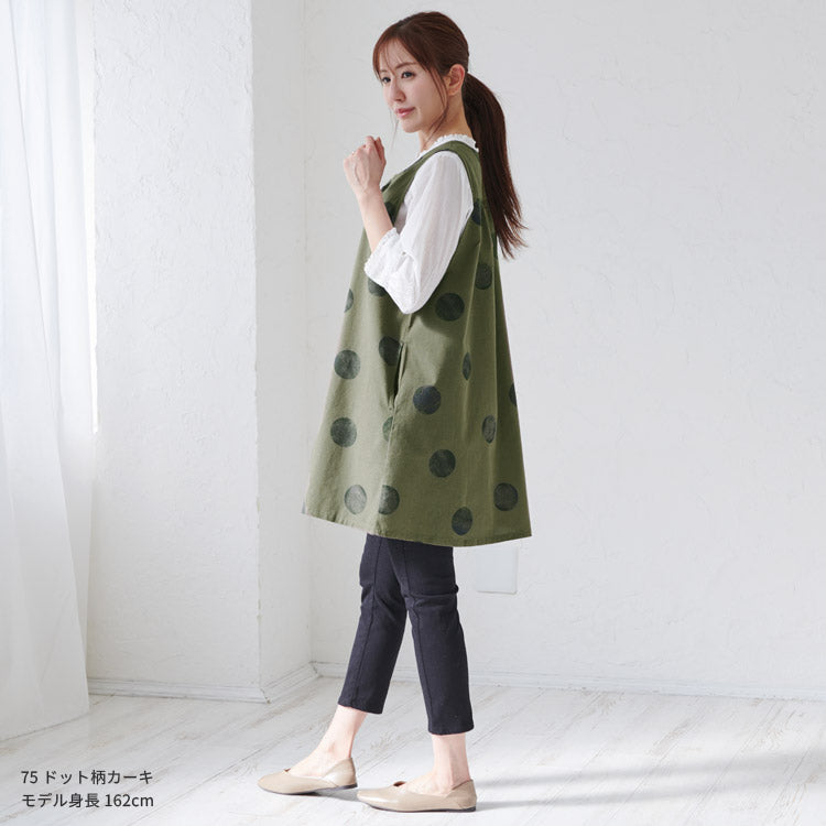 前開きレイヤード風ドット柄エプロン