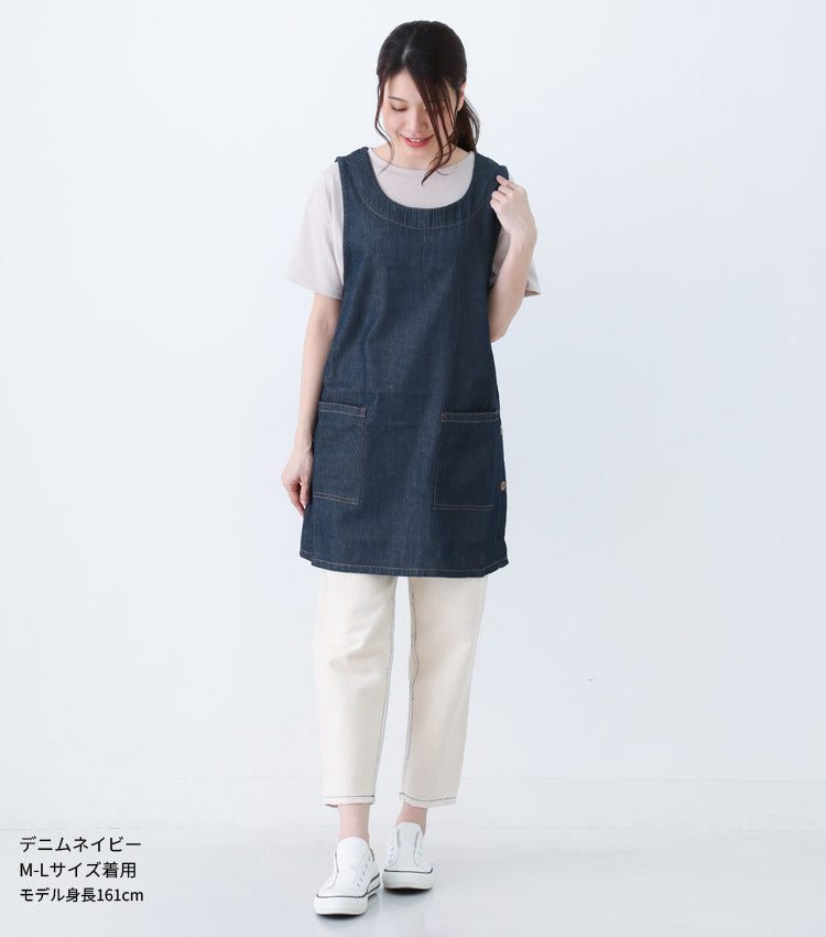 M〜5Lサイズデニムエプロンお尻が隠れるワンピース